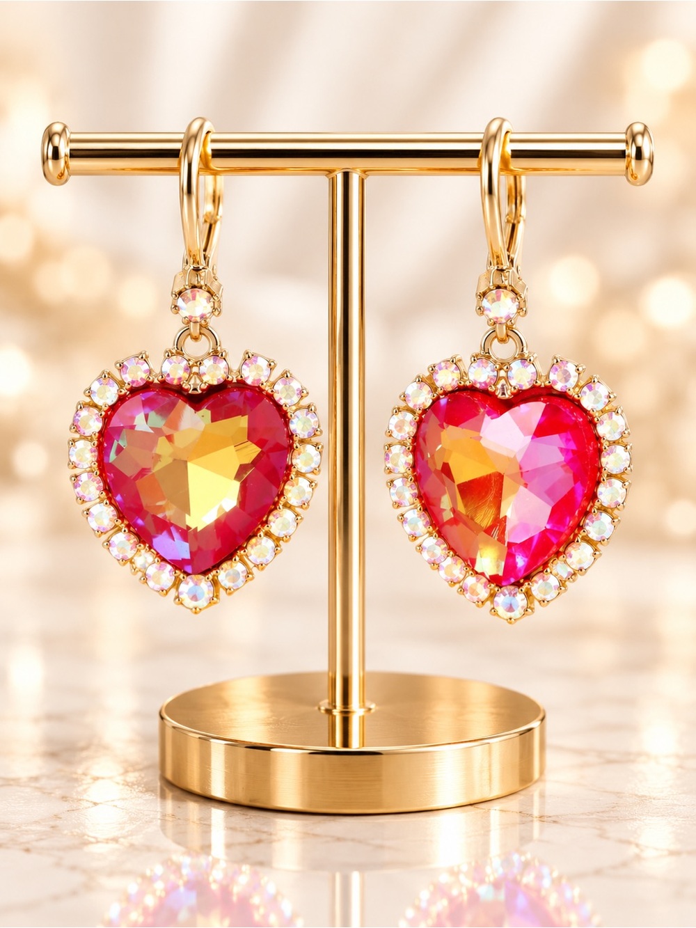 Betsey Johnson Pink Crystal Heart Drop Earrings Gold Tone BNIB
